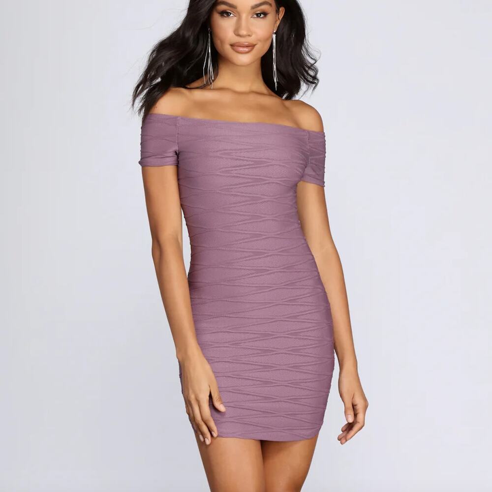 Windsor Blue Textured Off Shoulder Bodycon Short Mini Cocktail Dress